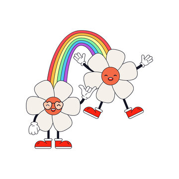 Cheerful rainbow character with daisy flowers. Funny LGBT sticker.