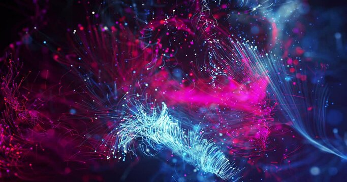 Burst Of Abstract Optical Fibers. Colorful Electrical Signals Flowing Inside Of Complex Network. Technology Related 3D Animation.