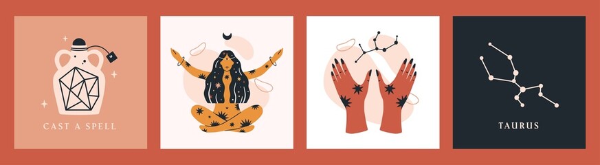 Set of witchcraft themed square cards templates. Spiritual collection hand drawn vector illustrations.