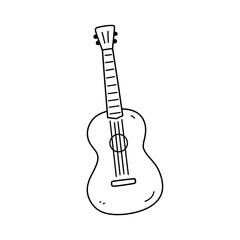 Obraz premium Acoustic classic guitar or ukulele isolated on white background. String musical instrument. Vector hand-drawn illustration in doodle style. Perfect for cards, decorations, logo.