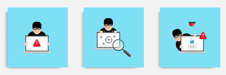 Set bundle of hacker theft data breach warning notification. 3D cartoon vector illustration