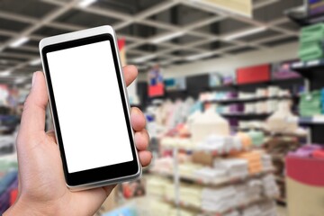 Clothing Store, Female Using Smartphone with blank screen