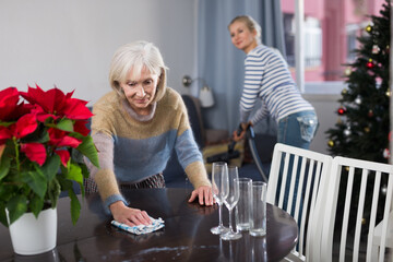 Hardworking mature woman and her adult daughter clean up the apartment before Christmas