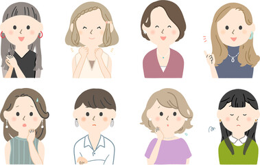 いろいろな表情の女性達のイラストセット
