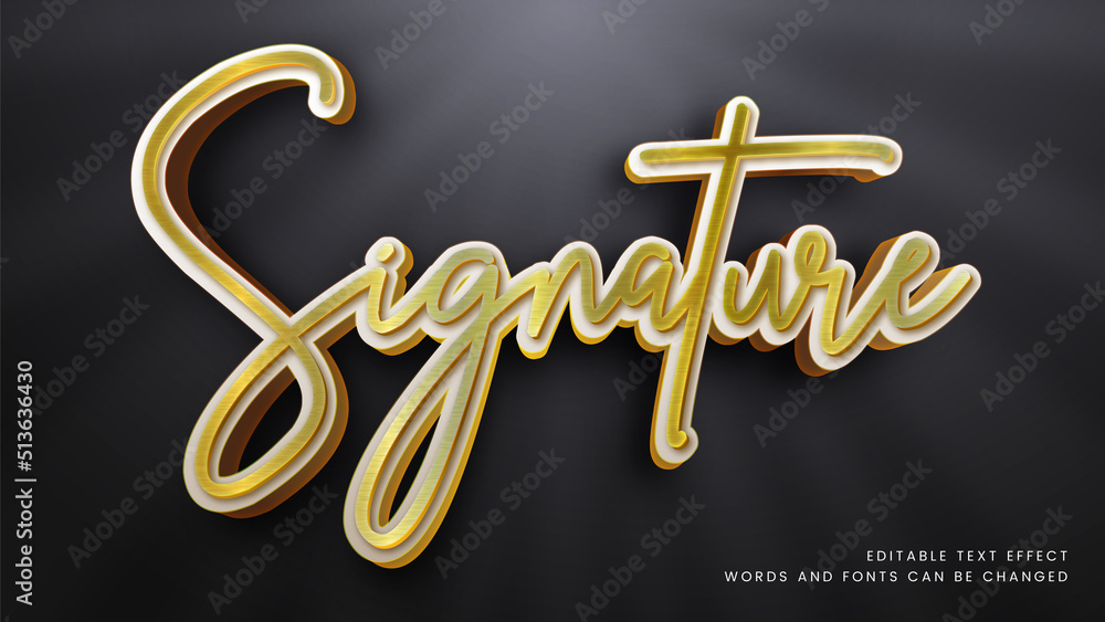 Poster elegant 3d gold signature text effect. editable fancy font style perfect for logotype, title or head
