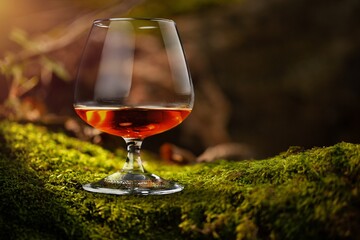 Single scotch whisky on rainforest moss in selective focus .