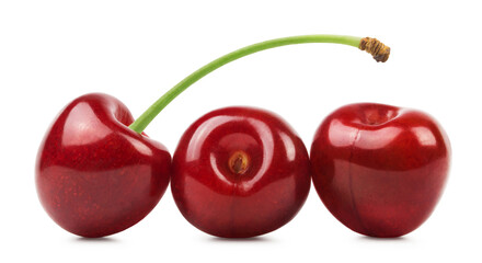Cherry isolated. Three ripe sweet cherries on a white background. Fresh fruit berries.
