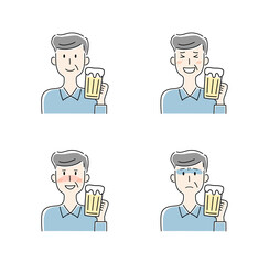 手描き風・ビールを飲む高齢の男性のベクターイラストセット