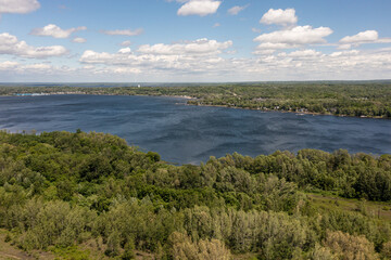 Port McNicoll drone panorama shot Northern central Ontario  blue skies blue lakes with clouds 