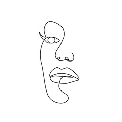 Woman Face Modern Continuous One Line Drawing. Female Art Print Line Drawing Sketch Illustration. Woman Face Modern Print. Minimalist Female Contour Art Design. Vector EPS 10.