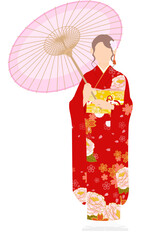 振袖の女性（和服姿）、番傘を持つ