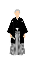 紋付袴のシニア男性（和服姿）、扇子を持ってポーズを取る