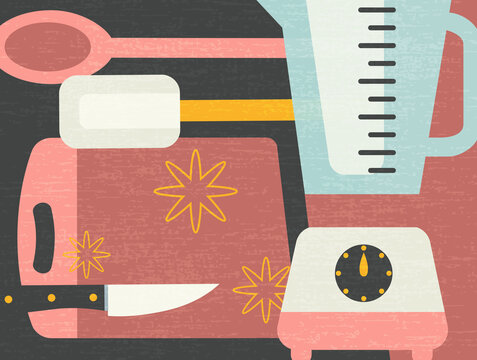 Composite illustration of cooking tools and appliances for food preparation. Retro culinary theme vector illustration for artwork, decor, social media, banners
