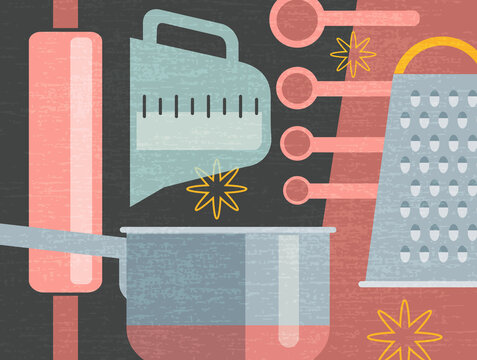 Composite illustration of cooking tools and appliances for food preparation. Retro culinary theme vector illustration for artwork, decor, social media, banners