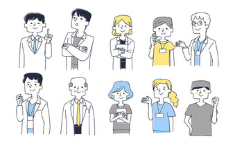 ざまざまな表情の医療従事者のセット　コミカルな手書きの人物　ベクター、温かみのある線画