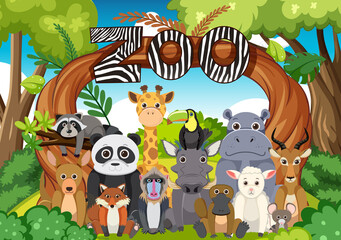 Obraz na płótnie Canvas Zoo animals group in flat cartoon style