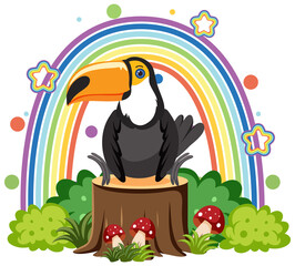 Cute toucan on stump in flat cartoon style