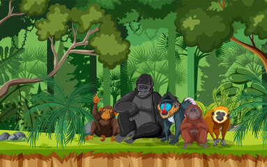 Group of wild animals in nature forest scene