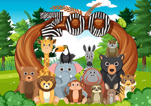 Zoo animals group in flat cartoon style
