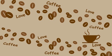 Coffee and Cafe concept pattern graphic illustration. Coffee beans, cup and text pattern for graphic, banner and background. Vector illustration.