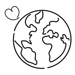 Black and white outline globe with love heart sign, international earth day template design, America and Europe continent illustration vector