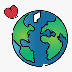 Blue, green and red color globe with love heart sign, international earth day template design, America and Europe continent illustration vector