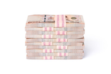 Stack of one million thai baht banknote money isolated on white background with clipping path.