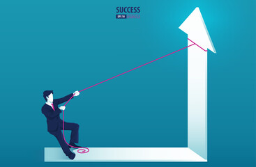 Obraz premium Businessman standing on arrow graph and pulling it upwards with rope. grow chart up increase profit sales and investment