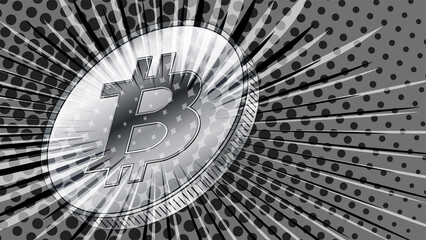 Coin Bitcoin BTC styled for the 80s retro with rays in gray color. BTC symbol of modern digital currency and money. Header or banner for news.