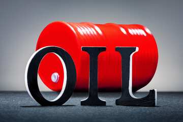  word OIL made black letters and red oil barrel.
