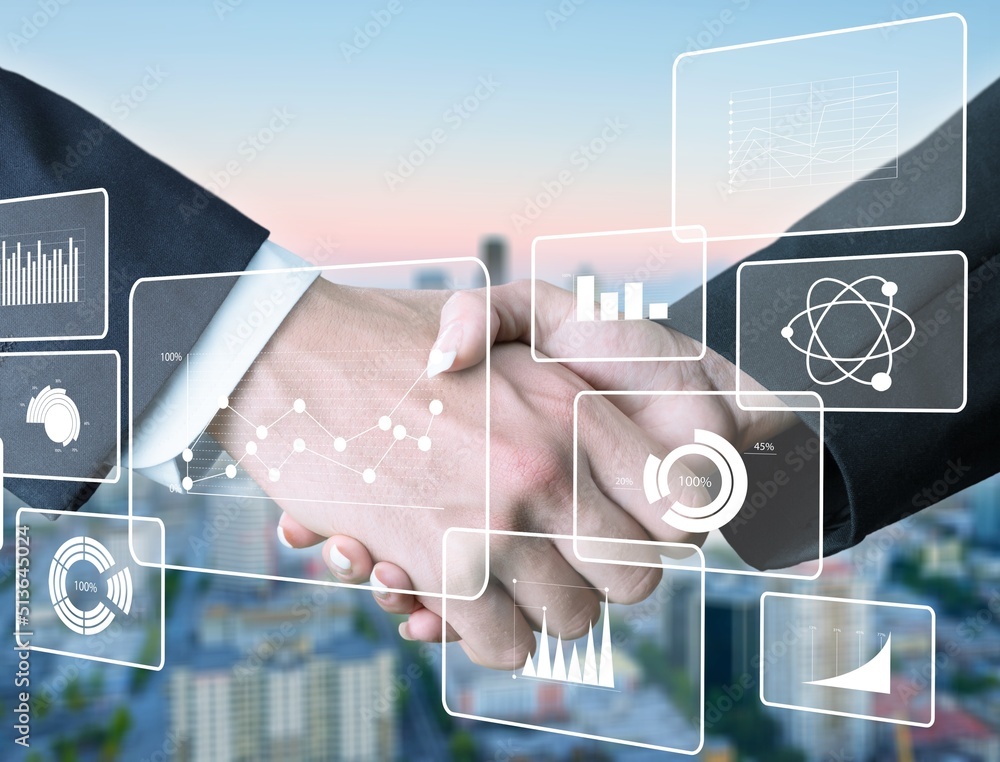 Poster businessmen shaking hands in abstract city with double exposure of immersive infographic interface. 
