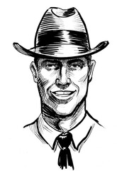 Happy smiling gentleman in hat. Ink black and white drawing