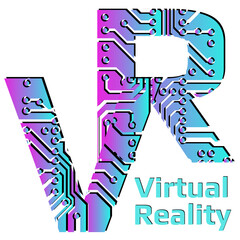 Colorful letters VR abbreviation for Virtual Reality perforated with PCB circuit board tracks isolated on white. For banners or advertising.