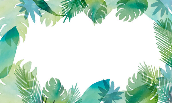 水彩画。水彩タッチの南国葉っぱフレーム。南国植物の装飾フレーム。Watercolor painting. Tropical leaves frame with watercolor touch. Decorative frame of tropical plants.