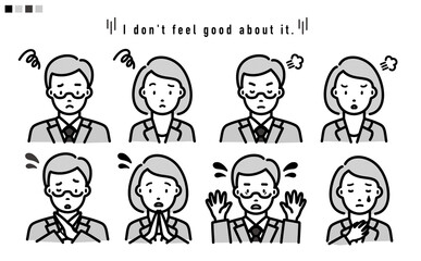 ネガティブな表情のスーツの男女 上半身 イラスト_モノトーン