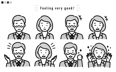 ポジティブな表情のスーツの男女 上半身 イラスト_モノトーン