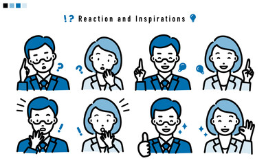 リアクションするサラリーマン男性女性の上半身 イラスト_青系