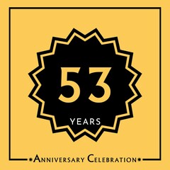 53 years anniversary celebration with black star isolated on yellow background. Creative design for happy birthday, wedding, graduation, event party, marriage, invitation card and greeting card.