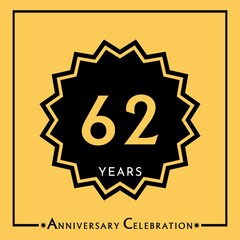 62 years anniversary celebration with black star isolated on yellow background. Creative design for happy birthday, wedding, graduation, event party, marriage, invitation card and greeting card.