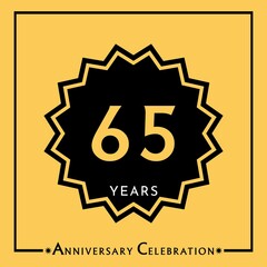 65 years anniversary celebration with black star isolated on yellow background. Creative design for happy birthday, wedding, graduation, event party, marriage, invitation card and greeting card.