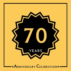 70 years anniversary celebration with black star isolated on yellow background. Creative design for happy birthday, wedding, graduation, event party, marriage, invitation card and greeting card.