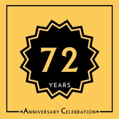 Naklejka premium 72 years anniversary celebration with black star isolated on yellow background. Creative design for happy birthday, wedding, graduation, event party, marriage, invitation card and greeting card.