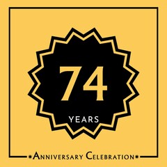 74 years anniversary celebration with black star isolated on yellow background. Creative design for happy birthday, wedding, graduation, event party, marriage, invitation card and greeting card.