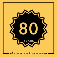 80 years anniversary celebration with black star isolated on yellow background. Creative design for happy birthday, wedding, graduation, event party, marriage, invitation card and greeting card.