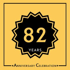 82 years anniversary celebration with black star isolated on yellow background. Creative design for happy birthday, wedding, graduation, event party, marriage, invitation card and greeting card.