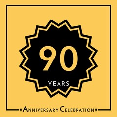 90 years anniversary celebration with black star isolated on yellow background. Creative design for happy birthday, wedding, graduation, event party, marriage, invitation card and greeting card.
