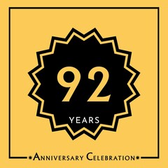 Naklejka premium 92 years anniversary celebration with black star isolated on yellow background. Creative design for happy birthday, wedding, graduation, event party, marriage, invitation card and greeting card.