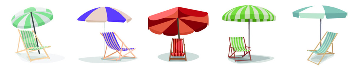 Many deck chairs and beach umbrellas on white background