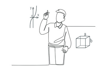 Simple continuous line drawing student solving math problem on whiteboard in classroom. Subjects concept in school and university. Continuous line draw design graphic vector illustration.