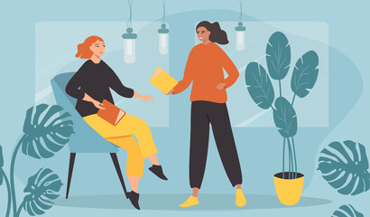 vector illustration in a flat style - two young women reading a book 